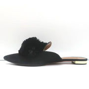 Aquazzura Powder Puff Pom Pom Mules Black Suede Size 38.5 Pointed Toe Flats