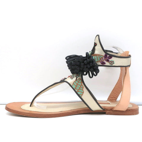 Meher Kakalia Tiki Sofia Tassel Sandals Beaded Embroidered Leather Size 41
