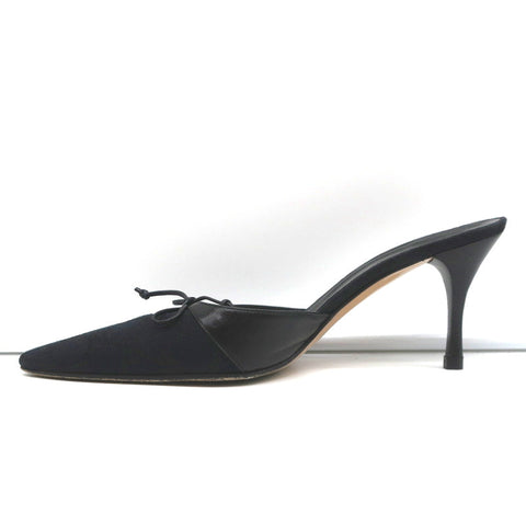 Gucci Bow Mules Black Monogram Canvas & Leather Size 8 Pointed Toe Heels