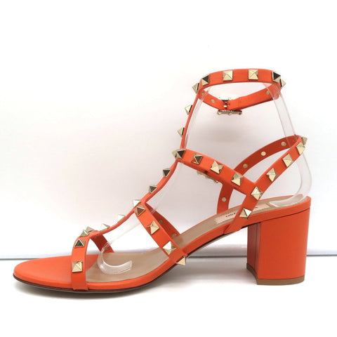 Valentino Rockstud Ankle Strap Sandals Orange Leather Size 40 Open Toe Heels NEW
