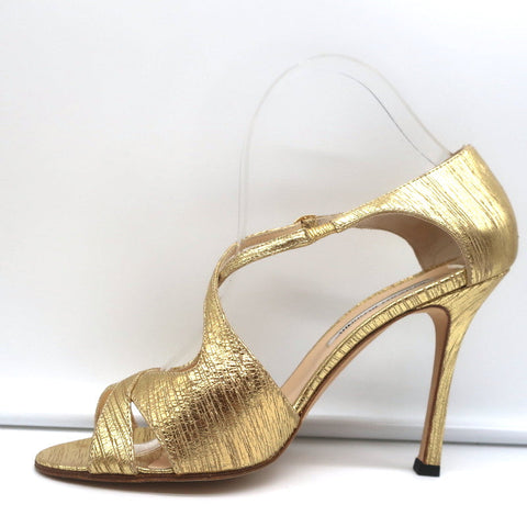 Manolo Blahnik Crisscross Sandals Metallic Gold Size 38.5 Peep Toe Heels NEW