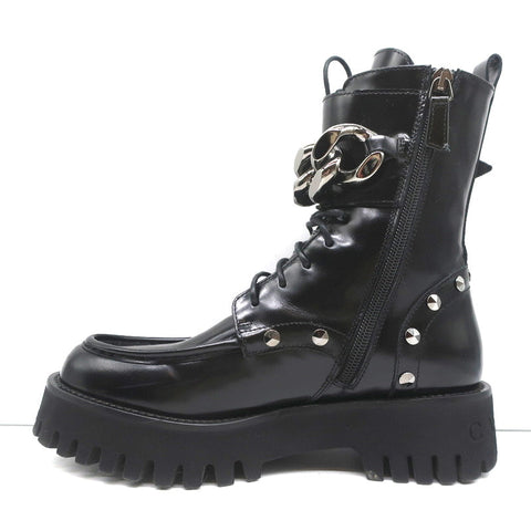 Casadei Chain Link Combat Boots Black Studded Leather Size 36.5