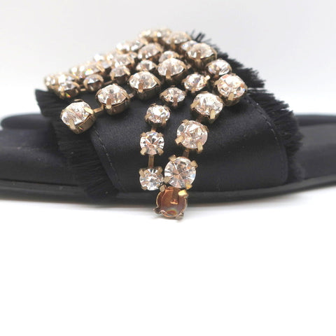 Anna Baiguera Crystal Fringe Slide Sandals Black Satin Size 38 Flat Mules