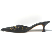 Manolo Blahnik Studded Mules Balu Black Perforated Leather Size 36.5 Kitten Heel