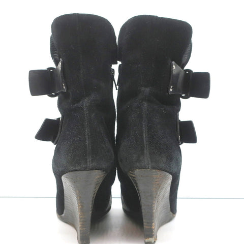 Givenchy Wedge Ankle Boots Black Buckled Suede Size 36.5 Pointed Toe