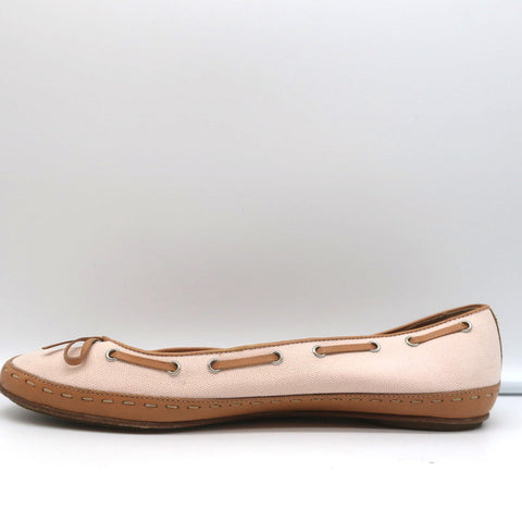 Laced Bow Ballet Flats Very Light Pink Canvas & Tan Leather Size 39.5