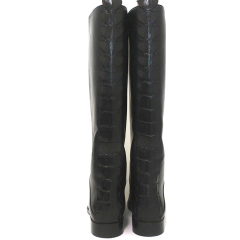 Fendi Riding Boots Black Croc-Trim Leather Size 36 Flat Knee High Boots