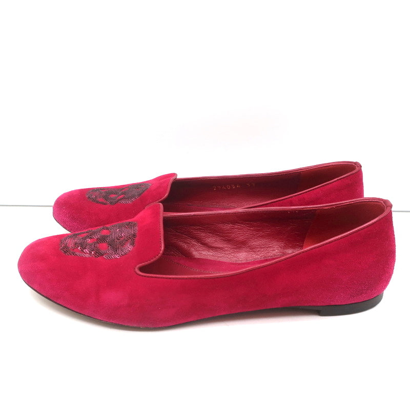 Alexander McQueen Sequin Skull Loafers Magenta Suede Size 37 Slip-On Flats