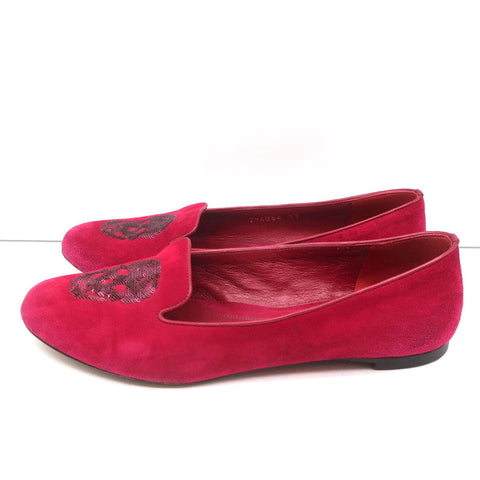 Alexander McQueen Sequin Skull Loafers Magenta Suede Size 37 Slip-On Flats