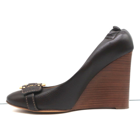 Chloe Buckle Wedge Pumps Dark Brown Leather Size 40