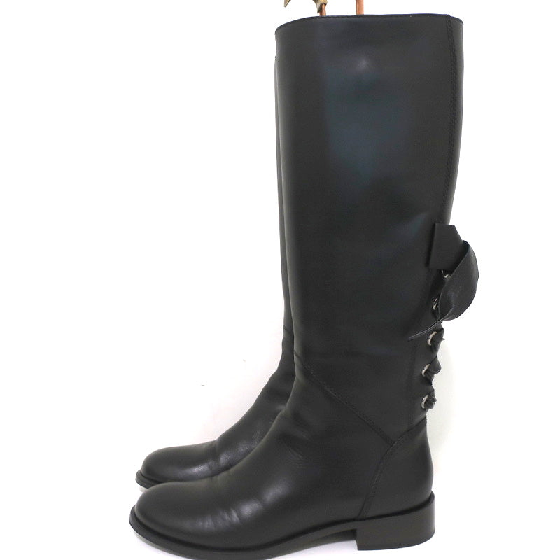 Valentino Ascot Ribbon Lace-Up Riding Boots Black Leather Size 37 Knee High Flat