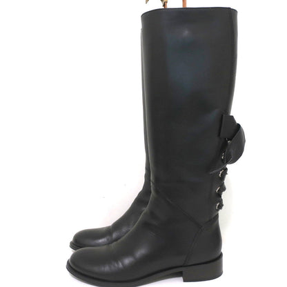 Valentino Ascot Ribbon Lace-Up Riding Boots Black Leather Size 37 Knee High Flat