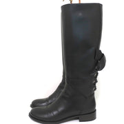 Valentino Ascot Ribbon Lace-Up Riding Boots Black Leather Size 37 Knee High Flat