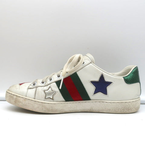 Gucci Ace Stars Low Top Sneakers White & Metallic Leather Size 36