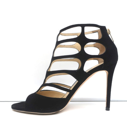 Jimmy Choo Ren Caged Sandals Black Cutout Suede Size 38.5 Peep Toe Booties