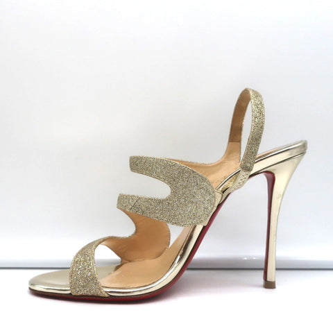 Christian Louboutin Vavazou Asymmetric Sandals Gold Glitter & Leather Size 38