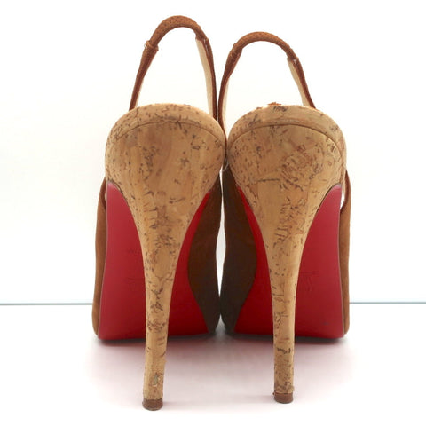 Christian Louboutin No Prive Cork Slingback Sandals Brown Suede Size 41.5