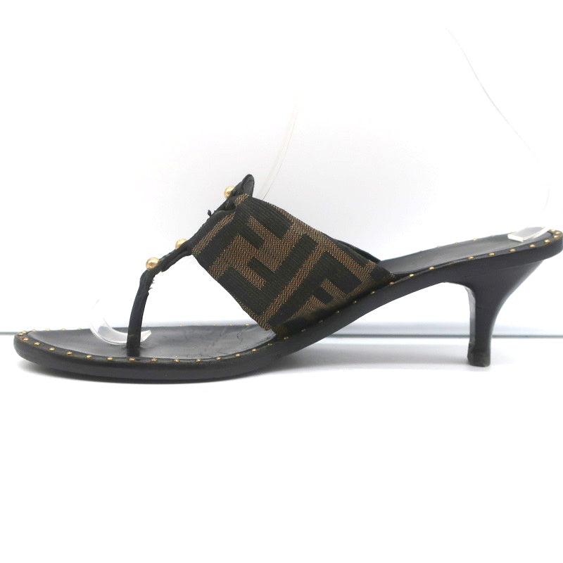 Fendi Zucca Thong Sandals Brown with Black Leather Size 36.5 Kitten Heel Slides