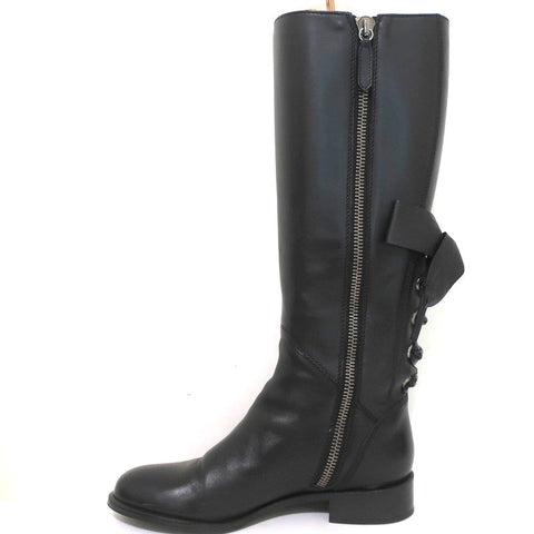 Valentino Ascot Ribbon Lace-Up Riding Boots Black Leather Size 37 Knee High Flat