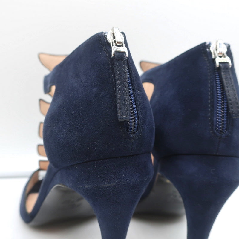 Fendi T-Strap Sandals Navy Suede & Leather Size 37.5 Peep Toe Heels
