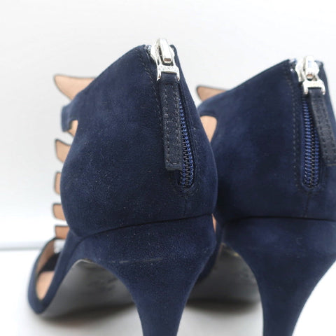 Fendi T-Strap Sandals Navy Suede & Leather Size 37.5 Peep Toe Heels
