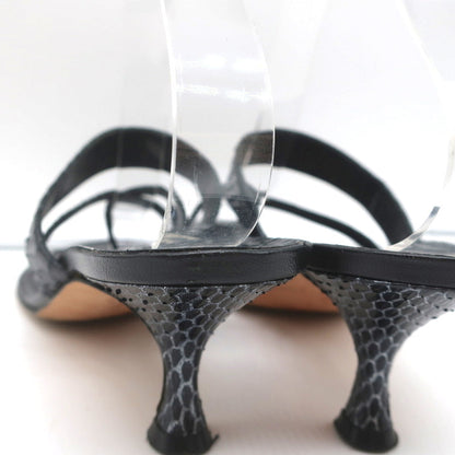 Manolo Blahnik Susa Thong Sandals Black Snakeskin Size 38.5 Kitten Heel Slides