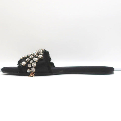 Anna Baiguera Crystal Fringe Slide Sandals Black Satin Size 38 Flat Mules