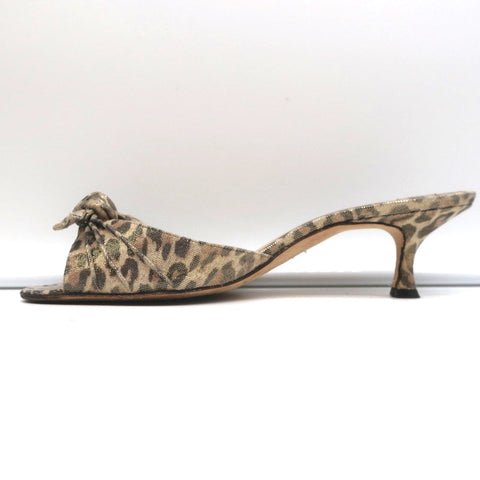 Manolo Blahnik Knot Slide Sandals Metallic Leopard Print Size 39.5 Kitten Heel