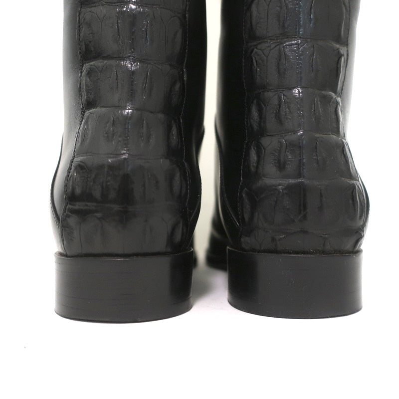 Fendi Riding Boots Black Croc-Trim Leather Size 36 Flat Knee High Boots