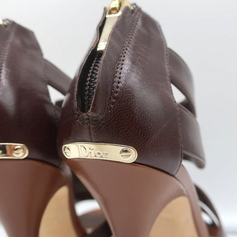 Christian Dior Platform Caged Sandals Brown Leather Size 38.5 Peep Toe Heels