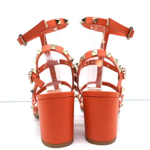 Valentino Rockstud Ankle Strap Sandals Orange Leather Size 40 Open Toe Heels NEW