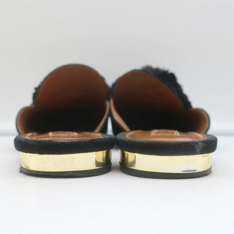 Aquazzura Powder Puff Pom Pom Mules Black Suede Size 38.5 Pointed Toe Flats
