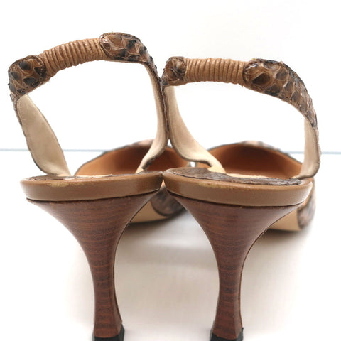 Manolo Blahnik Carolyne Slingback Pumps Brown Snakeskin Size 38.5 Pointed Toe