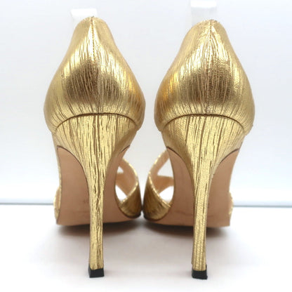 Manolo Blahnik Crisscross Sandals Metallic Gold Size 38.5 Peep Toe Heels NEW