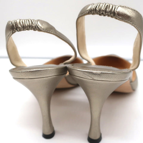 Manolo Blahnik Carolyne Slingback Pumps Gold Metallic Leather Size 38.5