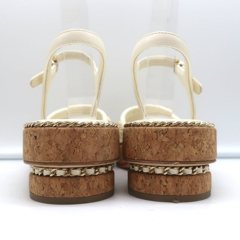 Cork Platform Sandals Cream Chain-Trim Leather Size 37.5 CC Ankle Strap