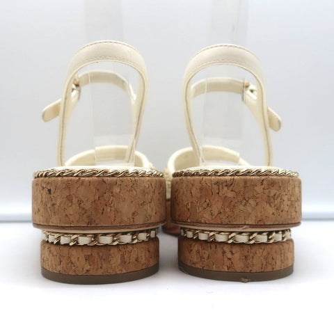 Cork Platform Sandals Cream Chain-Trim Leather Size 37.5 CC Ankle Strap