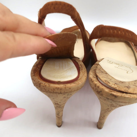 Christian Louboutin No Prive Cork Slingback Sandals Brown Suede Size 41.5