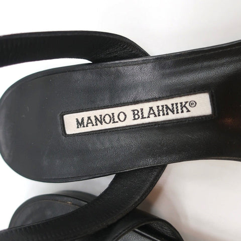 Manolo Blahnik Ankle Strap Flats Belfaba Black Cutout Leather Size 36.5
