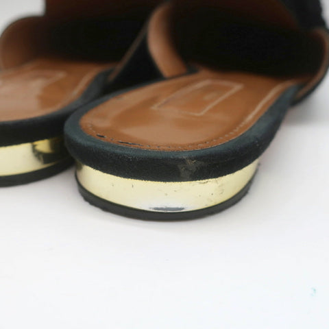 Aquazzura Powder Puff Pom Pom Mules Black Suede Size 38.5 Pointed Toe Flats