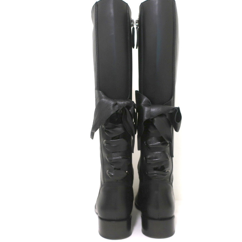 Valentino Ascot Ribbon Lace-Up Riding Boots Black Leather Size 37 Knee High Flat