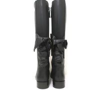 Valentino Ascot Ribbon Lace-Up Riding Boots Black Leather Size 37 Knee High Flat