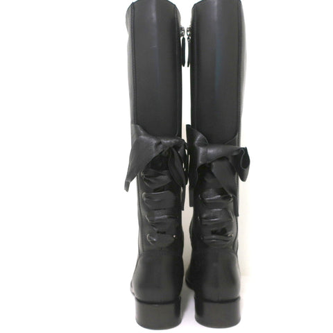 Valentino Ascot Ribbon Lace-Up Riding Boots Black Leather Size 37 Knee High Flat