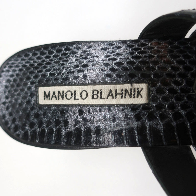 Manolo Blahnik Susa Thong Sandals Black Snakeskin Size 38.5 Kitten Heel Slides