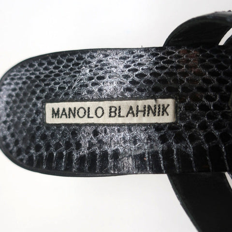 Manolo Blahnik Susa Thong Sandals Black Snakeskin Size 38.5 Kitten Heel Slides
