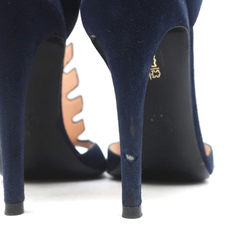 Fendi T-Strap Sandals Navy Suede & Leather Size 37.5 Peep Toe Heels