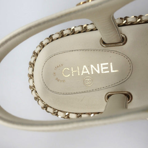 Cork Platform Sandals Cream Chain-Trim Leather Size 37.5 CC Ankle Strap