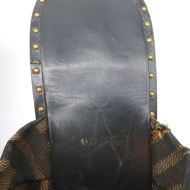 Fendi Zucca Thong Sandals Brown with Black Leather Size 36.5 Kitten Heel Slides