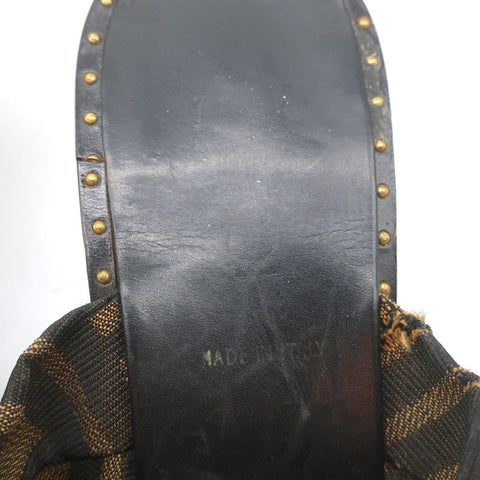 Fendi Zucca Thong Sandals Brown with Black Leather Size 36.5 Kitten Heel Slides
