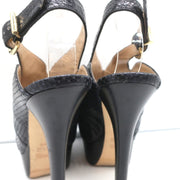 Fendi Platform Peep Toe Sandals Black Snakeskin Size 38.5 Slingback Heels